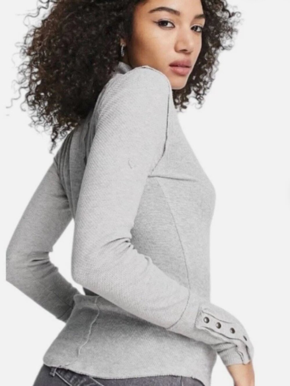 Free People Top Women Small Gray Freya Jojo Long Sleeve Mock Neck Thermal Blouse - Picture 5 of 6